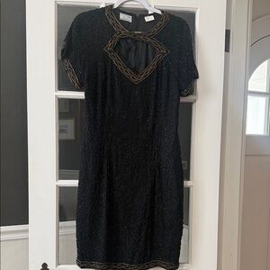 Vintage hand beaded Black Short-Sleeve swing Dress
